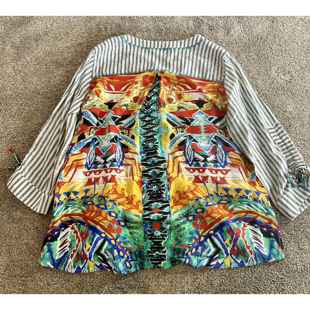 John Mark Linen Striped Front Print Back Embroidered Tunic Top Sz Large L